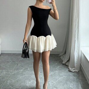 Black Casual Women's Woven Splicing Design Sleeveless Asymmetric Mini Dress